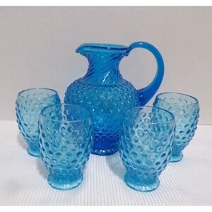 Indiana Tiara Hobnail  1980 Vintage Bubble Glass Pitcher & 4 - 8oz Glasses
